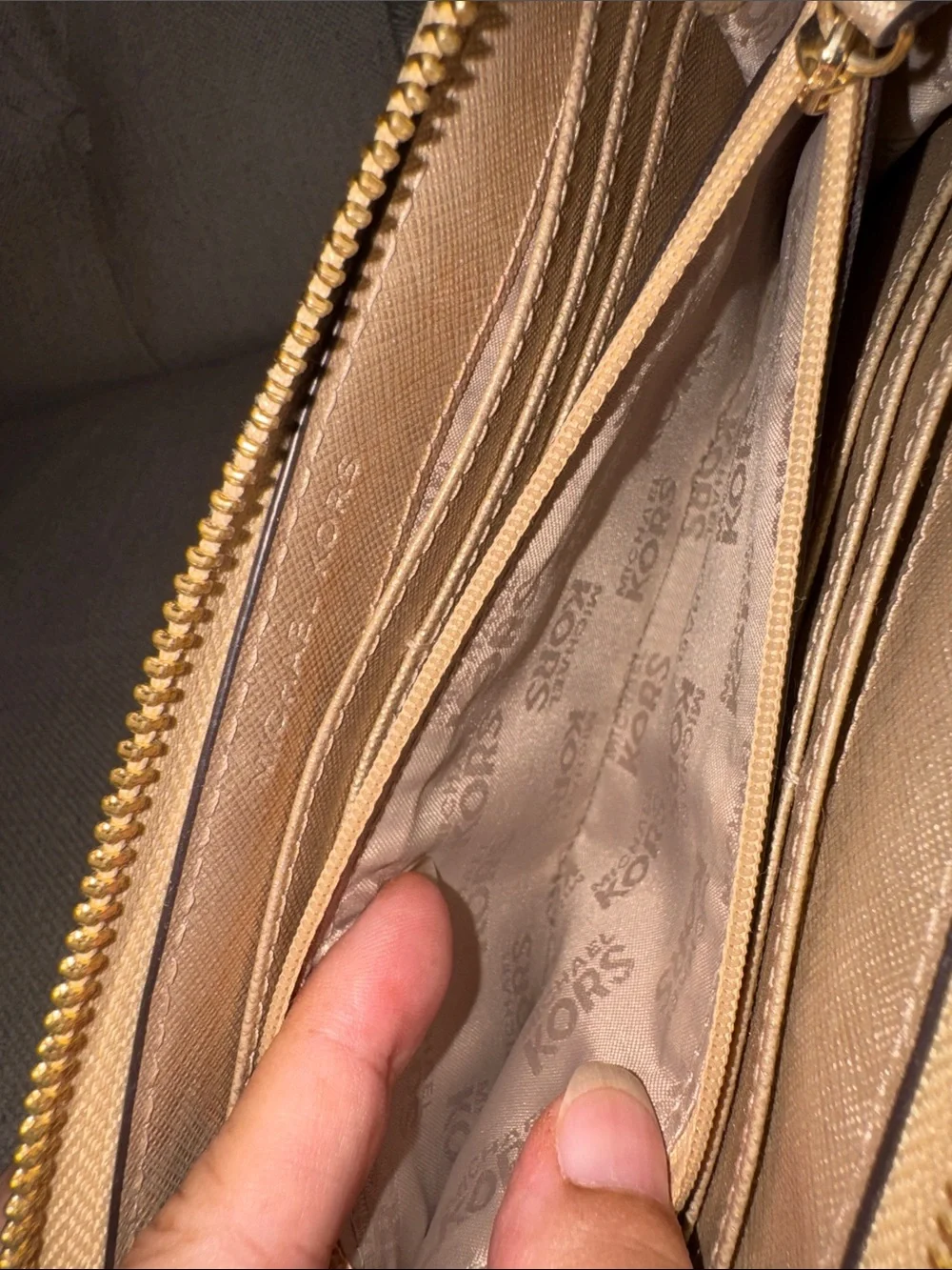 Michael Kors Cream Monogram Zip Wallet with Gold Accents